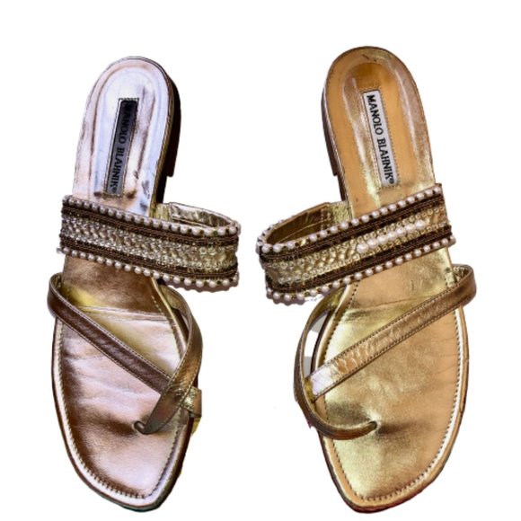 Manolo Blahnik THONG Gold Sandal Beads Rhinestones - Picture 10 of 14